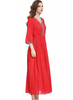 Red V-neck Flare Sleeve Embroidery Maxi Dress